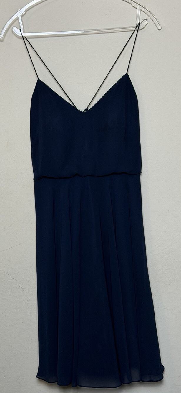 Jenny Yoo 6 Navy Inesse Chiffon V-Neck Blouson Open Back Midi Gown Formal Event